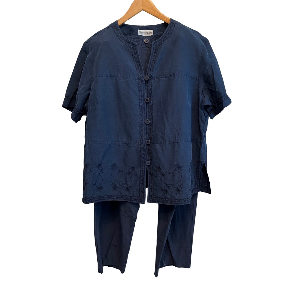 Vintage 80s Blouse Pants Set 14 W Blue Silk Linen Embroidered Cottagecore Garden